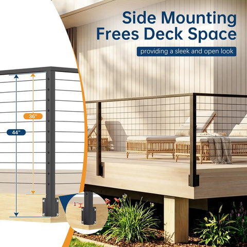 Rock Solid Black Stainless Steel Outer Corner Cable Railing Post For 36 Inch Exterior Deck Systems T304, showing side mount and height.