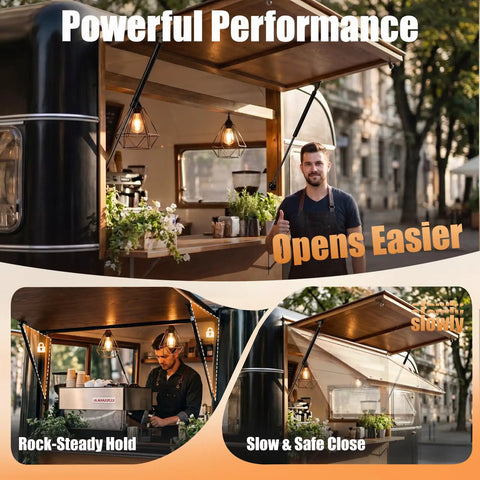 Heavy Duty 20 Inch Gas Struts 100 Lb Lift Support Dual Side T Bracket All Steel Gas Shocks For Food Truck RV Bed and Heavy Lid in use.