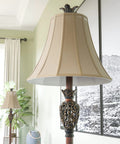Tall Iron Lace Floor Lamp With Golden Ruby Finish, Classic Style And Ornate Scrollwork, shade, and finial in a living room setting
