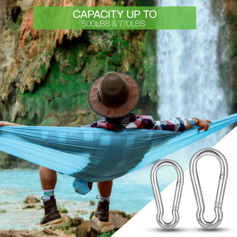 Man in hammock by waterfall with Heavy Duty 316 Stainless Steel Carabiners 3 Inch Spring Snap Hooks for gym and outdoor use