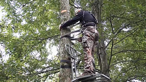 Hunter using LCS Lineman's Climbing Strap for Tree Stand Safety and Quick-Adjust Fit, Heavy-Duty Hunting Gear Built Tough in Black