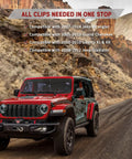 Six In One Wrangler Fender Flare Clips And Fastener Retainer Set for Jeep on a rugged road with compatibility list above