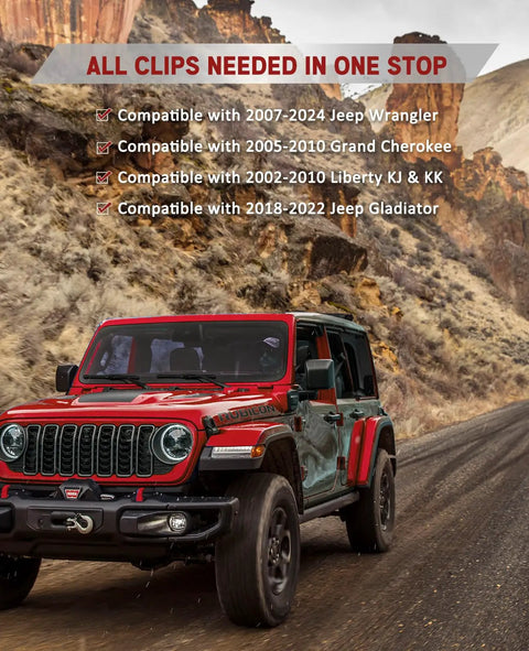 Six In One Wrangler Fender Flare Clips And Fastener Retainer Set for Jeep on a rugged road with compatibility list above
