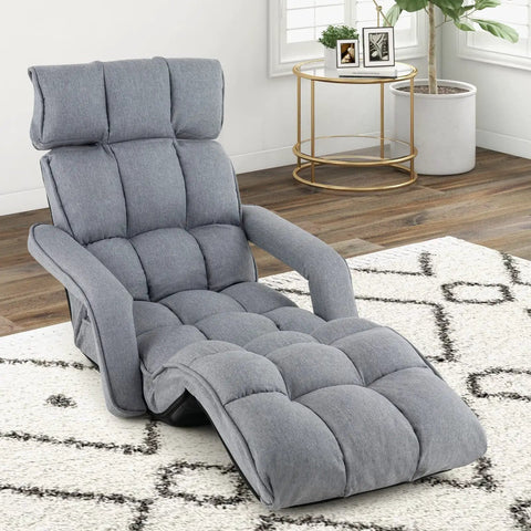 Foldable Floor Lazy Cozy Sofa Indoor Chaise Lounge With 6 Adjustable Backrest Positions And 8 Footrest Levels Folding Chair Bed With Adjustable Armrests And Rest For Living Room Or Bedroom Grey