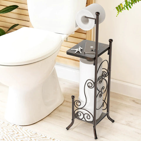 English Style Toilet Paper Stand With Shelf In Bronze Finish Free Standing No Tools Needed Holds Up To 4 Rolls Standard Double Mega