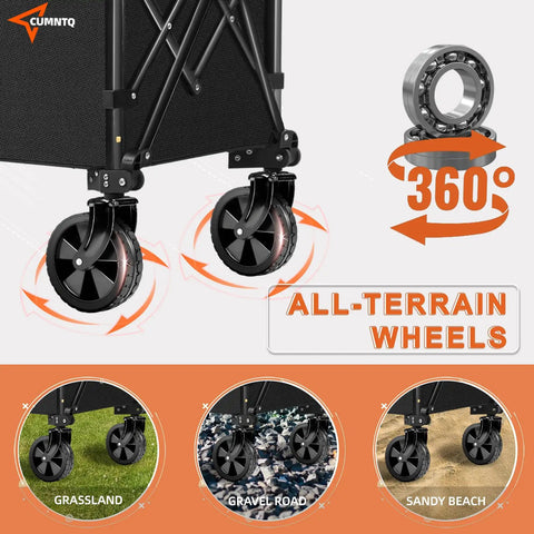 Heavy Duty Foldable Wagon With All Terrain Wheels showing 360-degree rotation and usage on grassland, gravel, and sand.