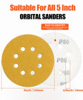 Get These Sweet 5-Inch 80 Grit Sanding Discs For Woodworking Or Cars Plus Hook And Loop Design, showing 5-inch sandpaper with grit numbers.