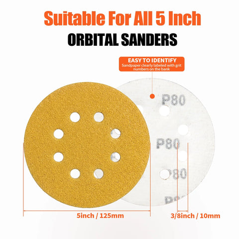 Get These Sweet 5-Inch 80 Grit Sanding Discs For Woodworking Or Cars Plus Hook And Loop Design, showing 5-inch sandpaper with grit numbers.