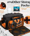 Rolling DJ Cable Bag With Laptop Pocket And Microphone Pocket Gear Case open showing compartments, padded laptop layer, orange interior.