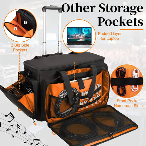 Rolling DJ Cable Bag With Laptop Pocket And Microphone Pocket Gear Case open showing compartments, padded laptop layer, orange interior.
