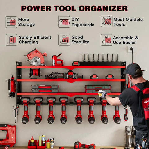 Wall Mounted Power Tool Organizer With Charging Station And 8 Drill Holders Four Layer Garage Storage Rack for large and small tools