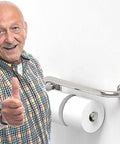 Elderly man giving thumbs up next to Heavy Duty Bathroom Grab Bar With Toilet Paper Holder, 250Lb Support, Matte Black Stainless Steel.