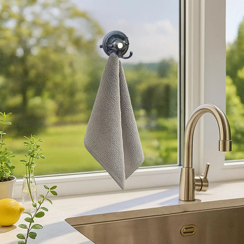 Heavy Duty Suction Cup Hook With Bombproof Grip For Window And Glass Walls Featuring Industrial Grade Nano Pu Base hanging a towel.