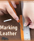 Stainless Steel Stiletto marking leather with ruler, showcasing Go-To Stiletto and Pressing Tool for Quilting and Sewing.