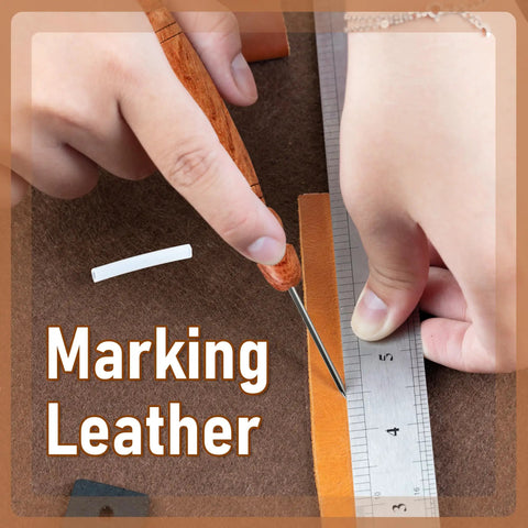 Stainless Steel Stiletto marking leather with ruler, showcasing Go-To Stiletto and Pressing Tool for Quilting and Sewing.