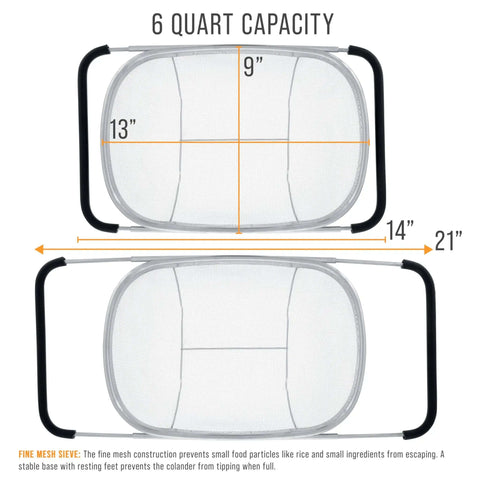 Dimensions of 6-Quart Over The Sink Stainless Steel Colander With Expandable Rubber Handles, 13x9 inch basket