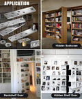 Hidden Door Hinge Pivot Hardware With 360 Degree Rotation For Murphy Bookcase Heavy Duty Hinge Kit Up To 300 Lbs Secret Door Hinges Silver Includes 24 Screws And Ball Catch shown in various applications including bookshelves and hidden doors.
