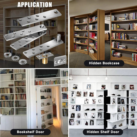 Hidden Door Hinge Pivot Hardware With 360 Degree Rotation For Murphy Bookcase Heavy Duty Hinge Kit Up To 300 Lbs Secret Door Hinges Silver Includes 24 Screws And Ball Catch shown in various applications including bookshelves and hidden doors.