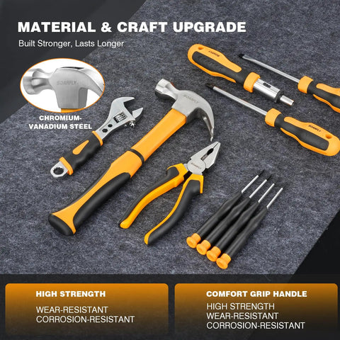 Upgradd 180 Piece Tool Set with 8V Cordless Drill includes screwdrivers, hammer, wrench, pliers on grey surface