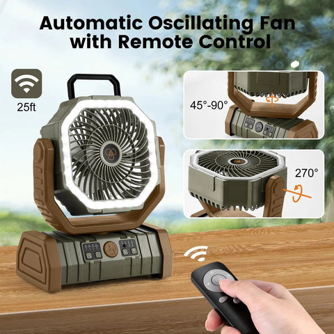 30000mAh Camping Fan With LED Lantern, Rechargeable Oscillating Tent Fan With Remote, showcasing rotation angles
