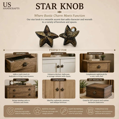 Star Shaped Antique Brass Cabinet Knob Drawer Pulls 2 Pack For Rustic Kitchen Cabinets And Dressers, Old West Farmhouse Vibe display