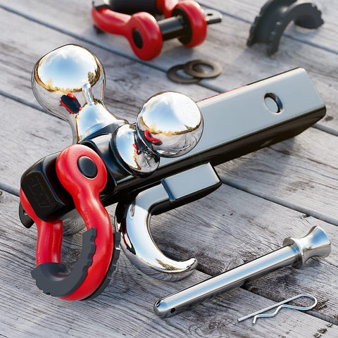 Tri Ball Trailer Hitch Mount With Hook And Pin And Rotatable Tow Shackle For 2 Inch Receiver Fits 1-7/8 Inch 2 Inch 2-5/16 Inch Hitch Balls Heavy Duty Powder Coat Finish Includes D Ring Shackle 5000 6000 10000 12000 Lbs on wooden surface