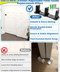 Three-Roller Adjustable Sliding Closet Door Floor Guide Upgrade Kit Bottom Mount For Bypass Double Bypass And Barn Doors One Pack Provides Ultra Smooth Gliding And Edge Protection For Door Panels, showing installation comparison before and after.