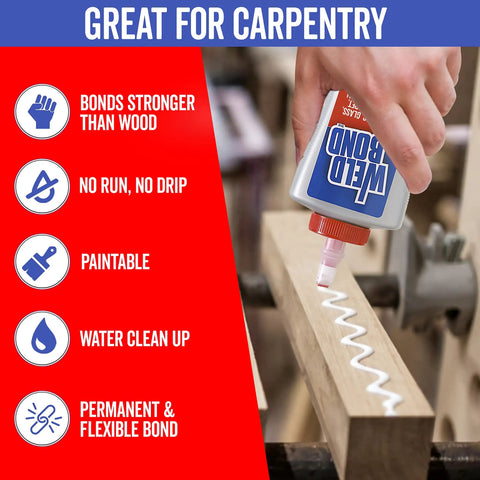 Applying heavy duty all purpose glue to wood for carpentry, highlighting strong bond for crafts and repairs on any surface.