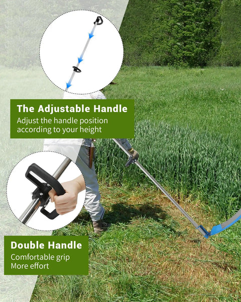 Man using 27 Inch Scythe For Grass Cutting With Sharpening Stone Heavy Duty Steel Blade And 62 Inch Adjustable Handle