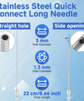 Stainless steel quick-connect long needle with straight hole and side opening, 22 cm length, for pressure washer nozzle kits.