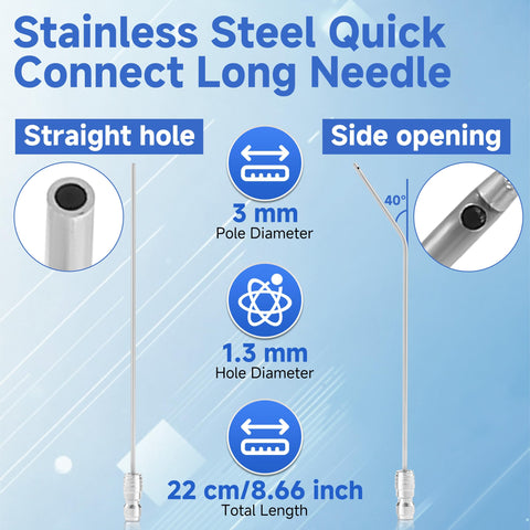 Stainless steel quick-connect long needle with straight hole and side opening, 22 cm length, for pressure washer nozzle kits.