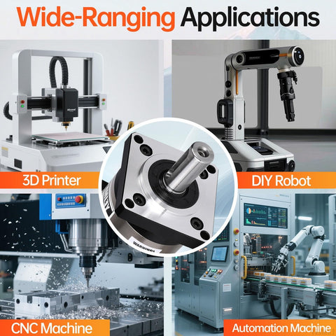 Beefy 20 To 1 Planetary Gearbox For Nema 23 Stepper Motor visible alongside CNC, 3D printers, DIY robots, and automation machines.