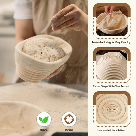 Person using Pro-Grade Sourdough Starter Kit with proofing basket, showing dough rising and texture details, ideal for fermentation.