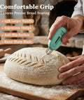 Person using Three Pack Bread Lame Set With Ten Replacement Blades And Pattern Booklet for intricate sourdough scoring.