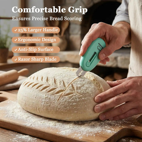 Person using Three Pack Bread Lame Set With Ten Replacement Blades And Pattern Booklet for intricate sourdough scoring.