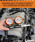 Lang Tools CLT-2 cylinder leakage tester with two orange gauges installed on a car engine.