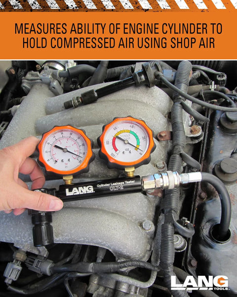 Lang Tools CLT-2 cylinder leakage tester with two orange gauges installed on a car engine.