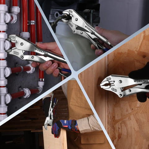 10 Inch Curved Jaw Locking Pliers With Screw Extractor in use for auto, welding, and DIY projects with CR-MO Steel Build.