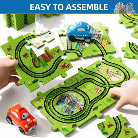 56 Piece Jigsaw Race Track Car Set For Toddlers And Kids Ages 2 3 4 5 6 Colorful City Theme Puzzle Tracks With Cars And Traffic Signs