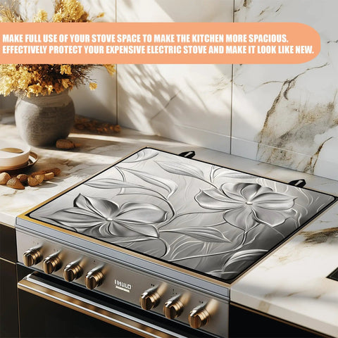 Anti Slip Electric Stove Top Cover 28 By 20 Inches Heat Resistant Glass Stove Top Protector Foldable Flower Pattern Silver Finish