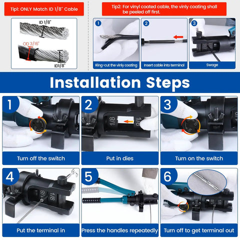 Installation steps for Upgraded Hydraulic Cable Railing Crimping Tool For One Eighth Inch Stainless Steel Wire Rope Kit With Wire Cutter