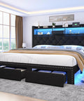 Modern Queen Bed Frame With Hidden Storage Drawers Led Lights And Usb Charging Port Linen Upholstered Platform Base in a stylish bedroom setting.