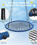 Heavy Duty 45 Inch Spider Web Tree Swing For Kids And Adults Outdoor Steel Frame Saucer Net Swing With Swivel Adjustable Ropes And Two Tree Straps Blue Patented Design showcasing sturdy materials and features.