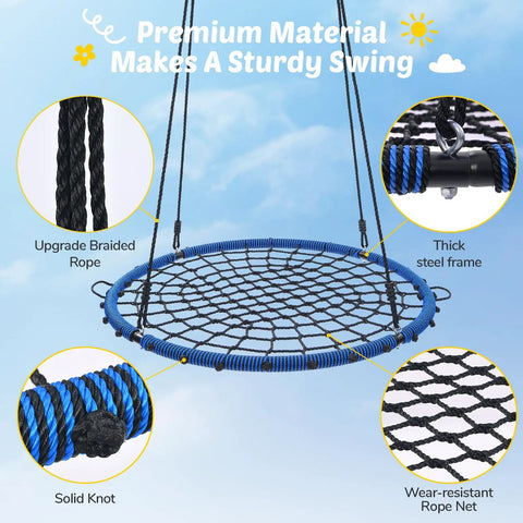 Heavy Duty 45 Inch Spider Web Tree Swing For Kids And Adults Outdoor Steel Frame Saucer Net Swing With Swivel Adjustable Ropes And Two Tree Straps Blue Patented Design showcasing sturdy materials and features.