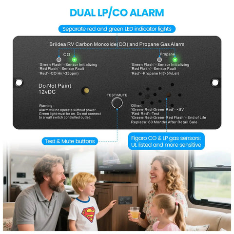 Image of a black 2 In 1 RV Road Trip Ready Carbon Monoxide And Propane Gas Alarm with red and green LED indicator lights, 100 dB alert.