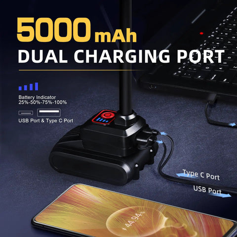 Boss Level Ultra Bright 2000 Lumen Magnetic Gooseneck Work Light, Rechargeable 5000mAh dual charging port USB-C shown
