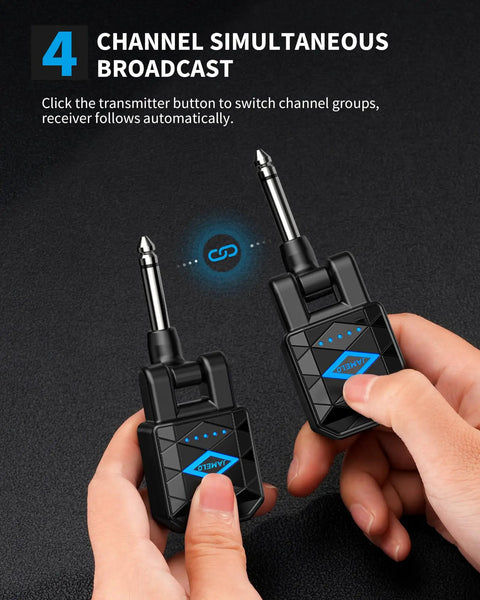 Hands holding transmitter of 2.4GHz Wireless Guitar System With No Lag And Ultra Low Latency For Clear Stage Ready Tone Up To 65 Feet