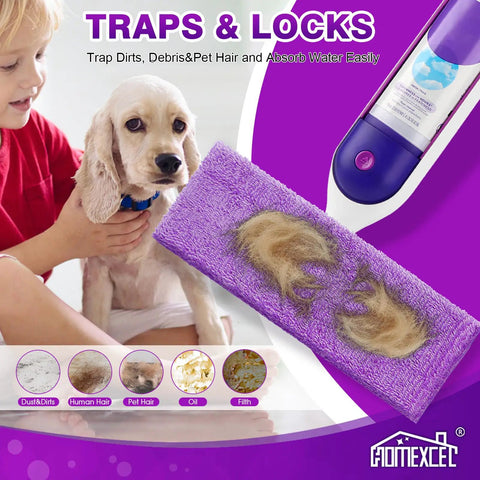 Eight Pack Microfiber Mop Pads For Swiffer PowerMop 13 To 15 Inch Washable Reusable Replacement Heads Easy Snap On Fit Deep Clean For Hardwood Tile And Laminate Floors Not For WetJet Or Sweeper; purple pad with pet hair