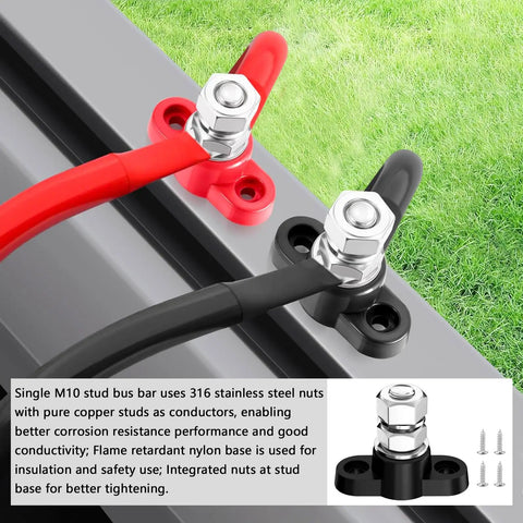 Heavy Duty Built Tough 12V Power Distribution Block With Three Eighth Inch M10 Stud Insulated Battery Post Junction For Auto Boat Marine Solar System DC 12V 48V Up To 250A Peak Positive And Negative Terminal Block Red And Black, M10 stud terminals