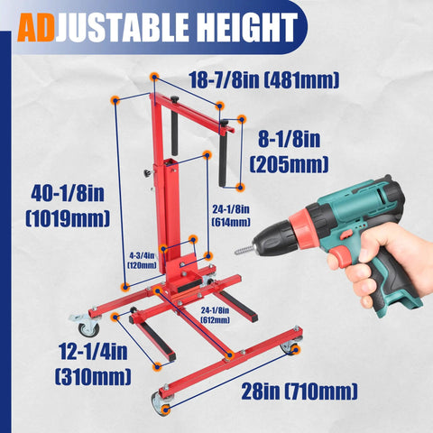 Heavy Duty Adjustable Car Door Installer And Remover Jack Lift Hoist With Swivel Base dimensions and adjustable height features.